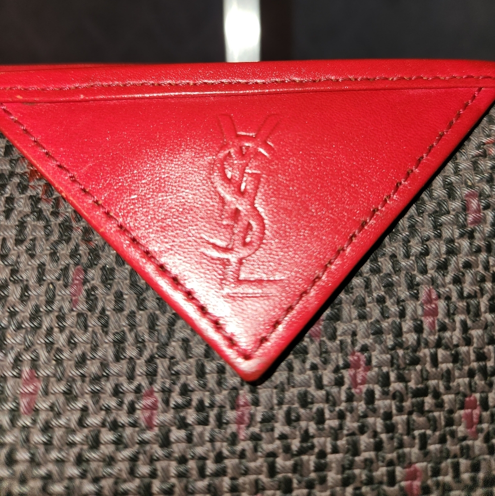 Yves Saint Laurent Clutch Bag Purse PVC Leather  Gray Red Vintage Authentic